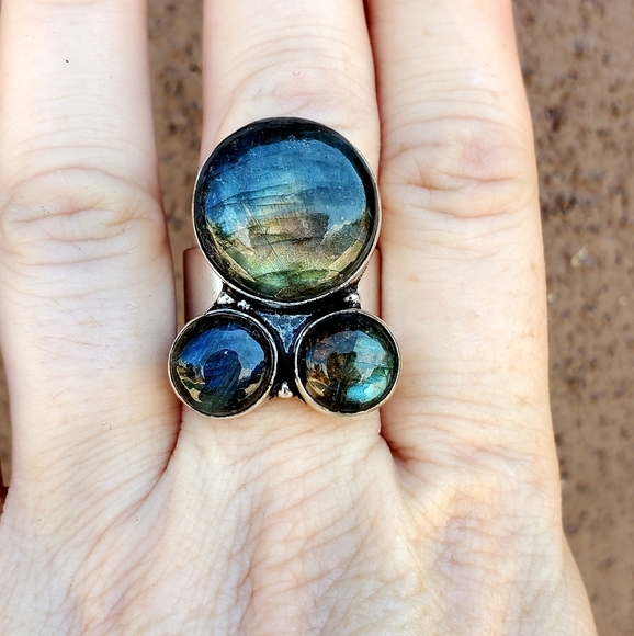 New Triple Labradorite 925 Silver Statement Ring. - Picture 9 of 15